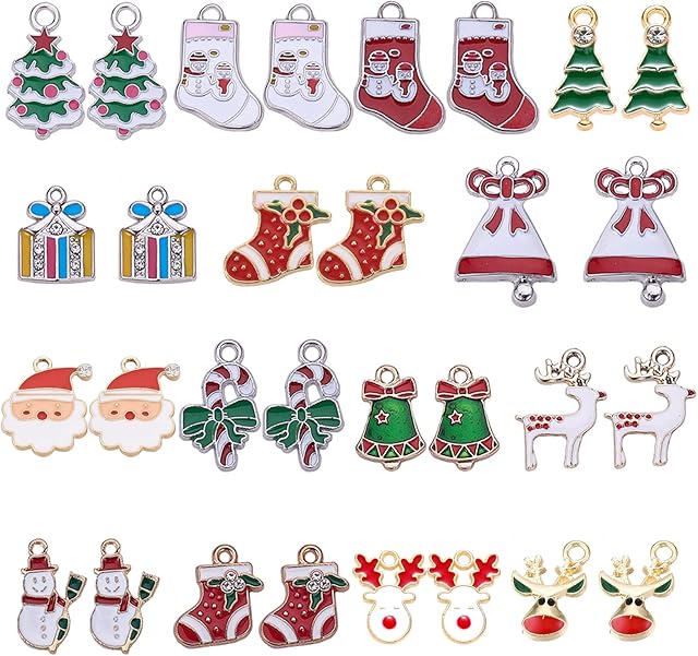 SUNNYCLUE 1 Box 32pcs Rhinestone Christmas Pendant Charms for Necklace Bracelet Jewelry Making Christmas Tree Decor Accessory Xmas Tree Snowflake Snowman Reindeer Charms