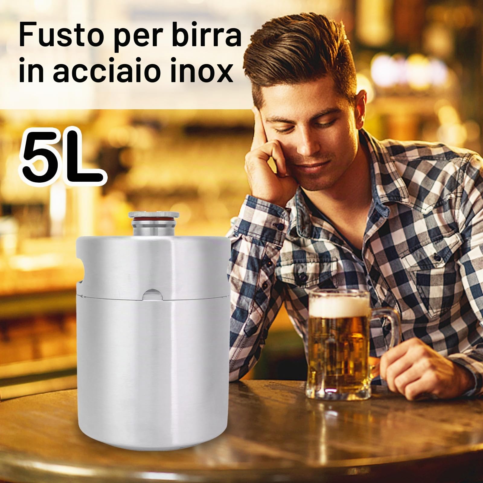 Fusto di Birra da 5 Litri, Fusto Mini Growler in Acciaio Inossidabile 304 Fusto di Birra Portatile con Coperchio A Spirale Esagonale Per La Produzione di Birra in Casa Artigianato E Birra Alla Spina