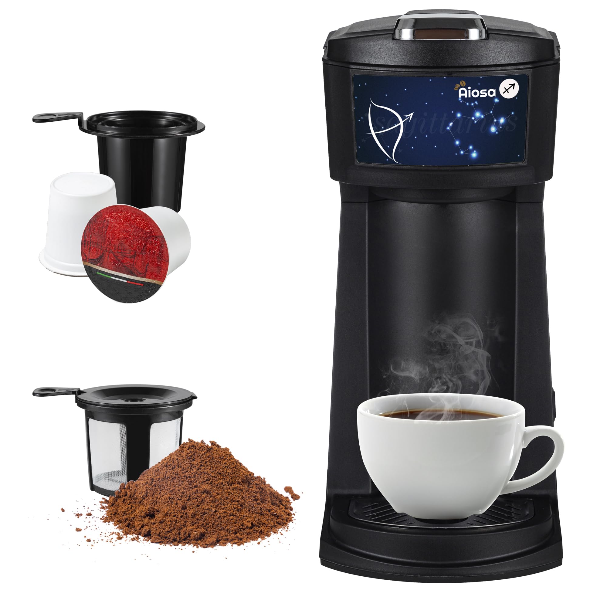 Aiosa Constellation Single Cup Coffee Maker 2 in 1 for K cup Pods&Grounds, Mini k cup Coffee Maker 6 to14oz, Fast Brew One Button Operation, Auto Shut off, Reusable Filter,Sagittarius