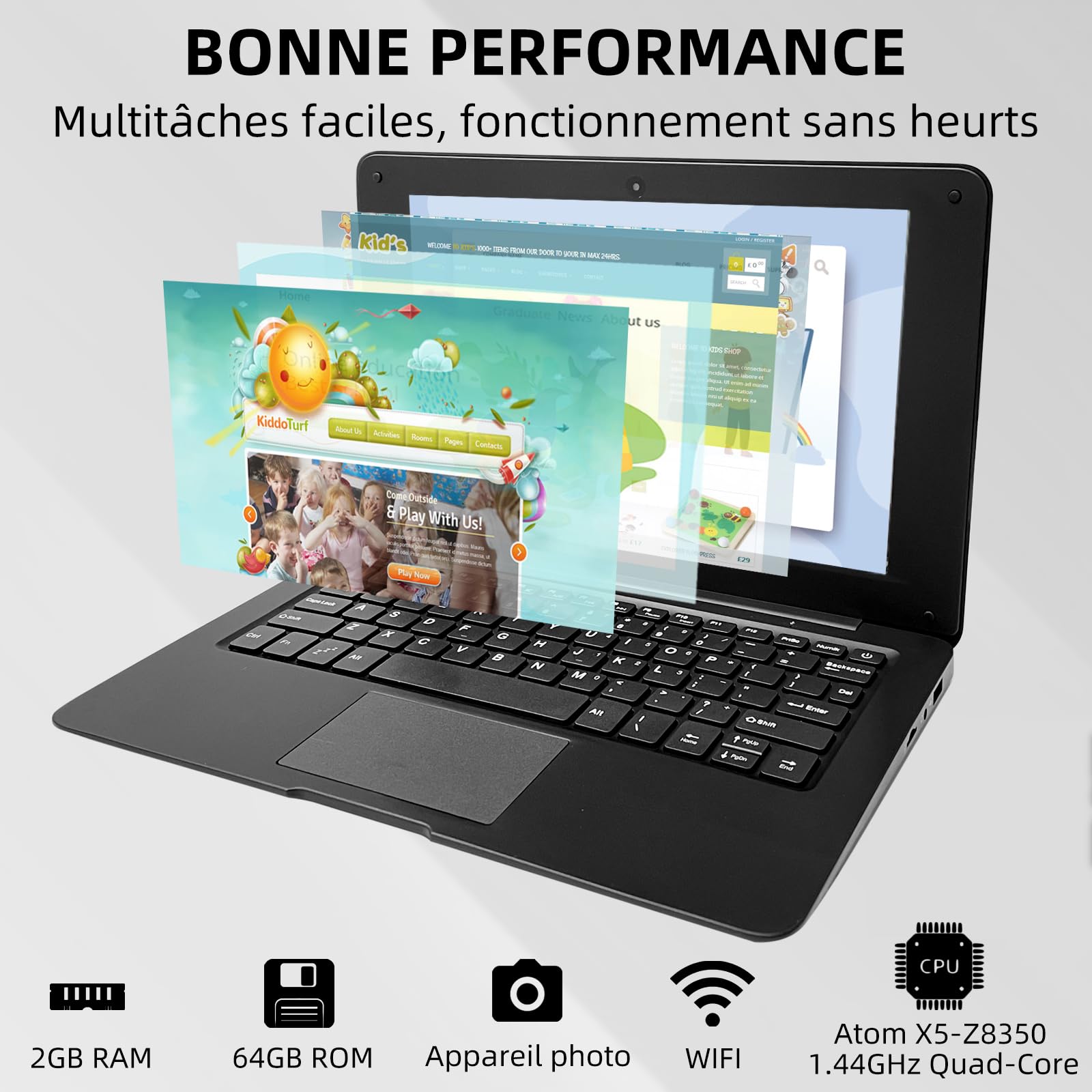 iSTYLE Mini Laptop 10,1 Pollici – Notebook Compatto con Display HD IPS, Processore Quad-Core, 2GB RAM, 64GB Memoria, Espandibile, QWERTY (Nero)
