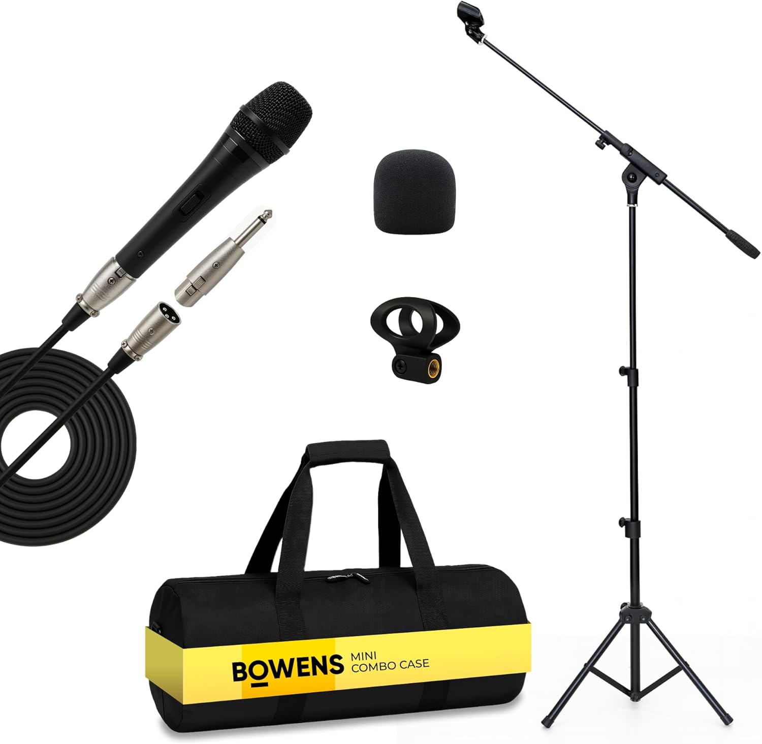 Bowens Professional XLR Microphone with Adjustable Mic Stand (18–70”) & Mic Cable – 17″ Boom, Handheld Microphone for Speakers, Karaoke – Includes Cable, Adapter, Foam Covers & Case