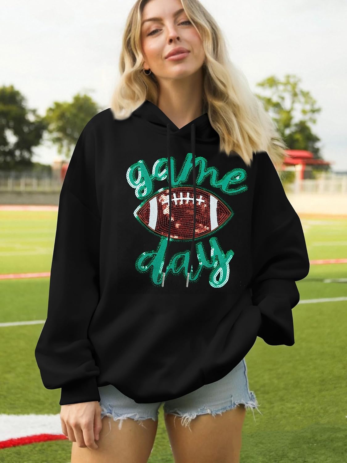 FASHGL Game Day Football Sweatshirt Women: Funny Football Graphic Hoodie Sunday Funday Pullover Hoodies Long Sleeve Tops - Image 6