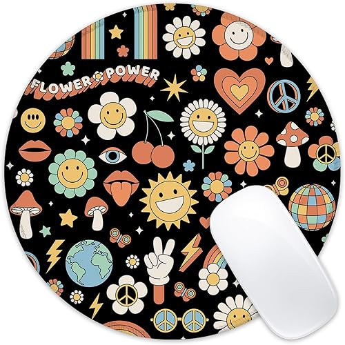 Miniatura 1 de Alfombrilla de mouse redonda estilo hippie retro con base de goma antideslizante, borde cosido para decoración de oficina en casa, accesorios de