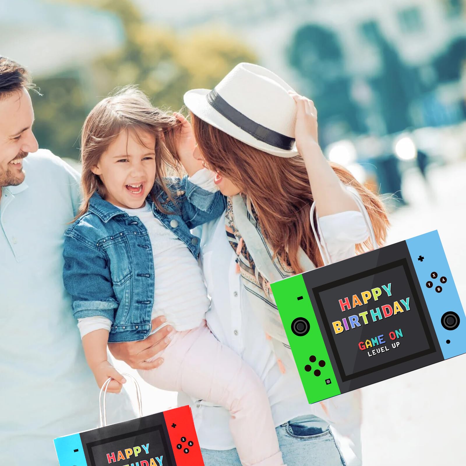 JOCOPUERTO Bolsas de regalo de fiesta de videojuegos, bolsas de regalo de papel kraft con temática de juegos, 16 piezas, suministros de fiesta de cumpleaños