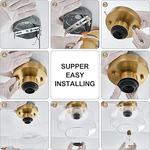 Miniatura 7 de BISAMIYA Lámpara de techo moderna dorada, acabado de latón, lámpara de techo semiempotrada con pantalla de vidrio transparente de 8.66 pulgadas para