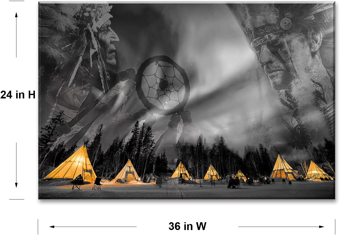 Family Wall Decor of Waterproof Native American Decor, Office Wall Decor with Yellow Decor, Art Work for Home Walls by Original Inspirational Black and White Wall Art, Wood Inside Framed (24x36)