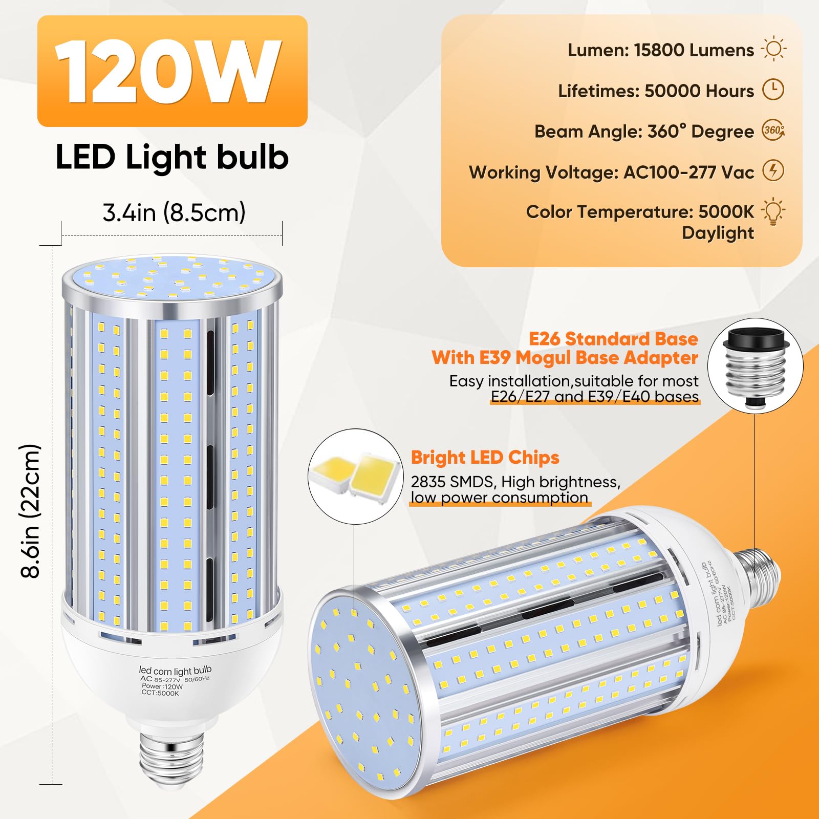 XYCN 3 Pack 120W Corn LED Light Bulb Fanless,5000K Daylight(1200