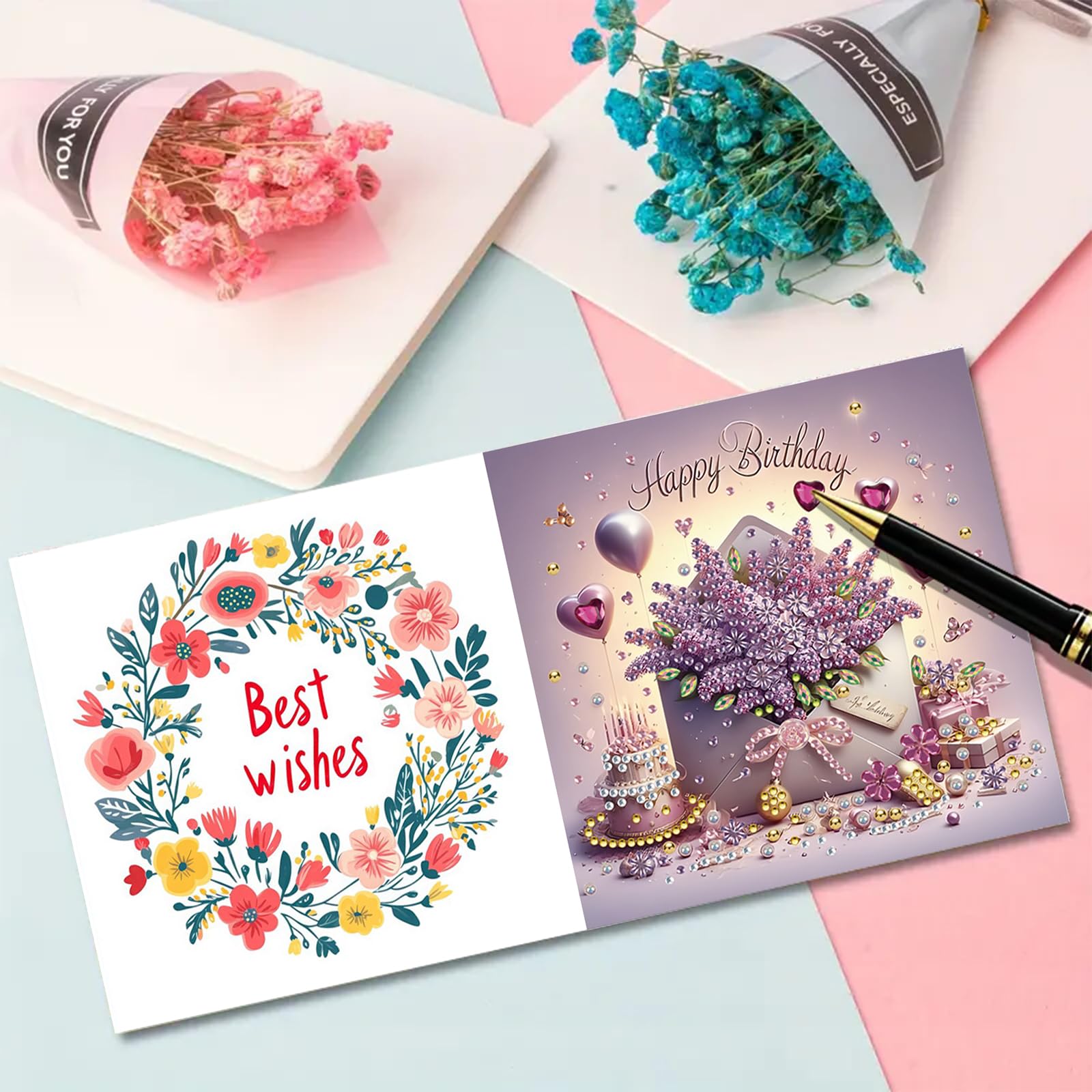Diamond Painting Kaarten (8) – Pastelkleurige bloemen – Set 13