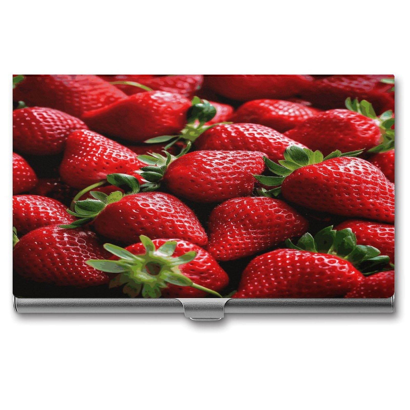 Fekiloot Men's Style Fresh Strawberries Business Card Holder For & Wo Professional Stainless Steel Business Card Case Large Capacity Slim Purse Name Cards Holders Buckle Shut