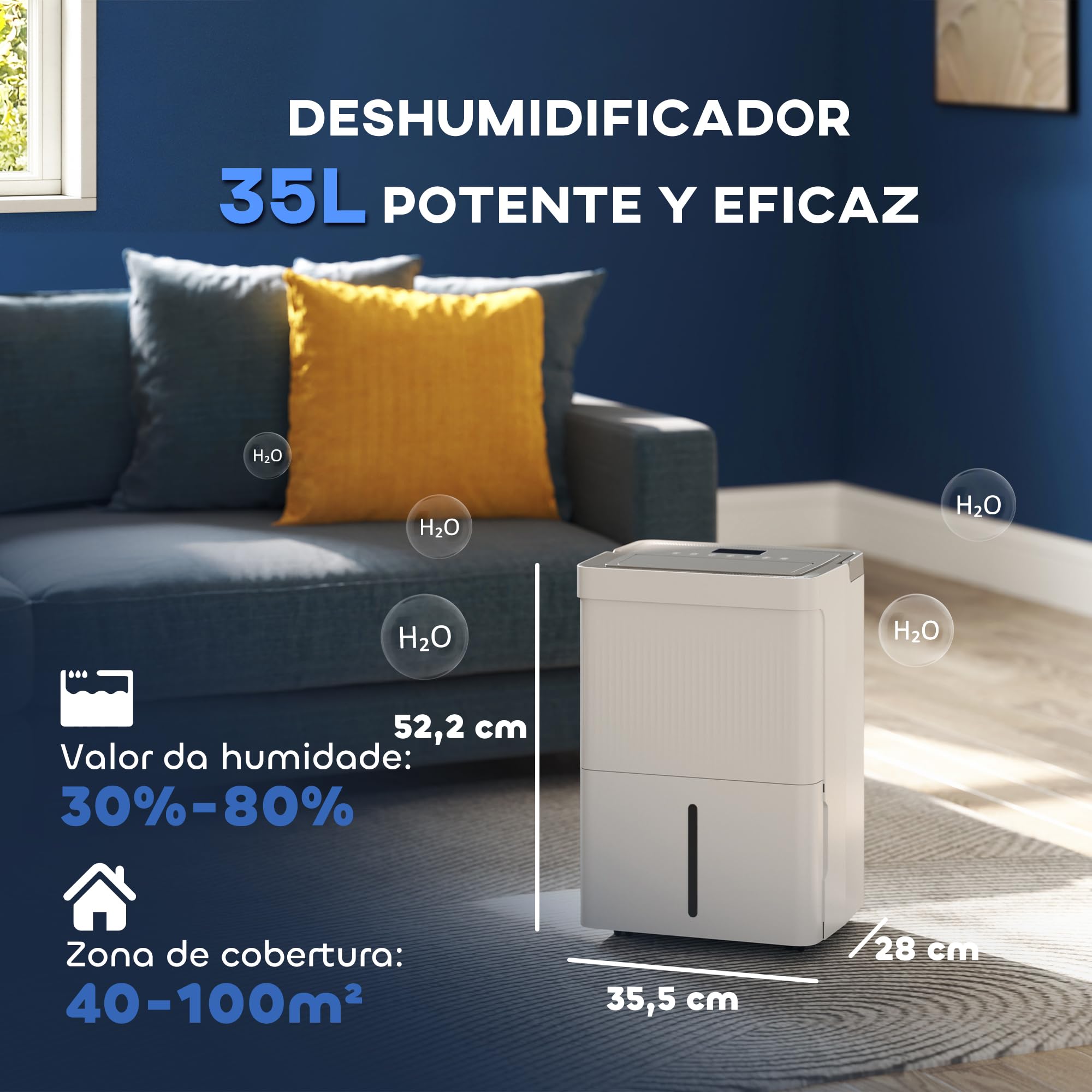 HOMCOM Deshumidificador 35L/día Depósito 5,5L Silencioso 3 Modos Blanco | Deshumidificador Eléctrico, Pantalla LED, Temporizador 24 H, Bloqueo Infantil, Drenaje Continuo, hasta 40-100㎡