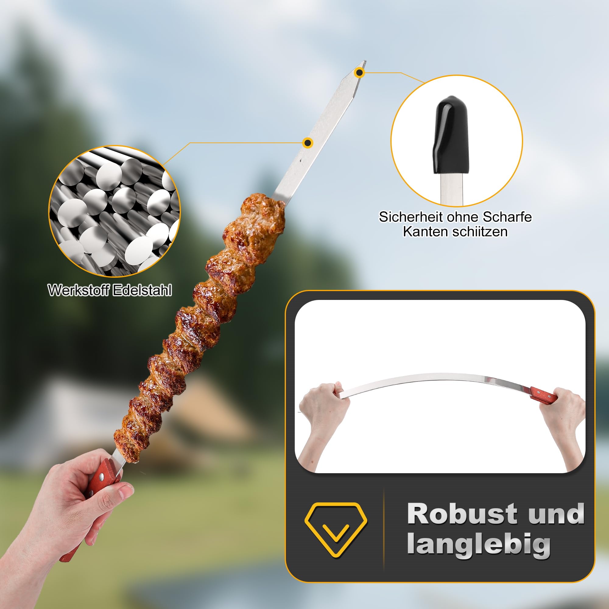 10 Stücke Flache Adana Spieße Edelstahl - 60cm Extra Lange Schaschlikspieße mit Holzgriffen & Schutzkappen - Wiederverwendbares Grillspieße Grillzubehör für Grillbesteck, Fleisch und Gemüse