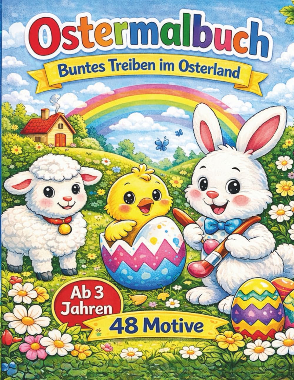 Ostermalbuch – Buntes Treiben im Osterland: 48 niedliche Motive für Kinder ab 3 Jahren – Osterhasen, Küken, Ostereier und fröhliche Frühlingsszenen zum Ausmalen