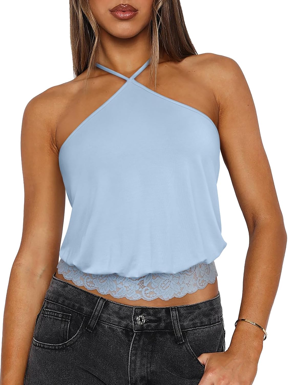 REORIA Womens Sexy Halter Lace Double Lined Tank Tops Trendy Cute Summer Y2K Backless Going Out 2026 Cami Crop Tops