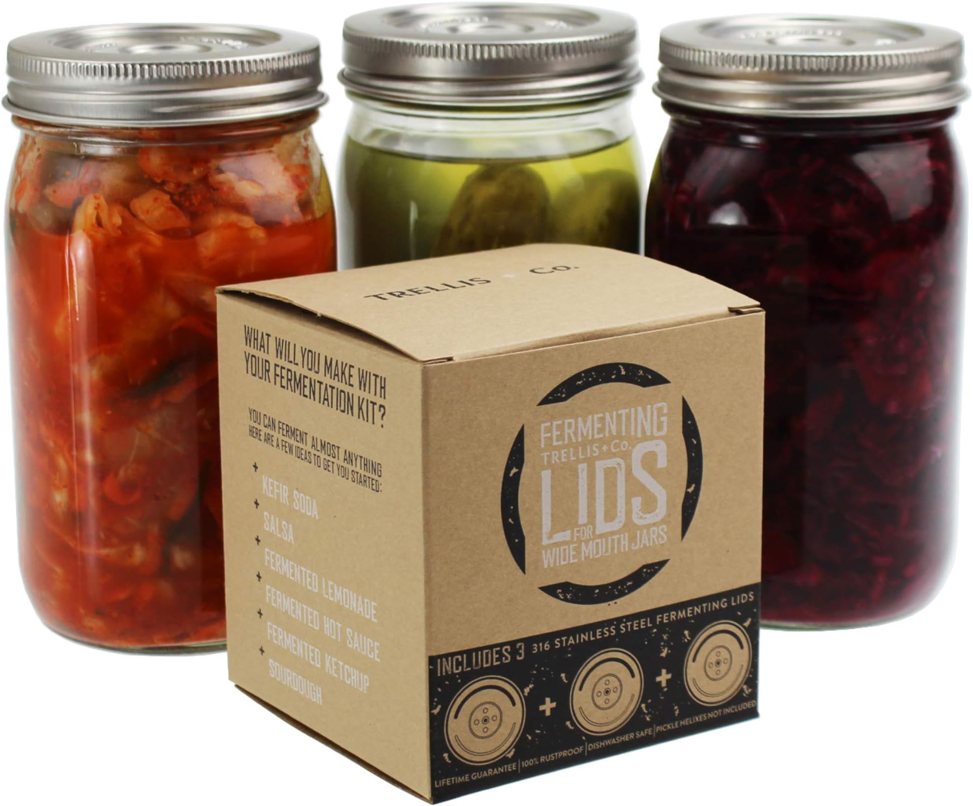 316 Stainless Steel Fermentation Lids | 3 Silicone Waterless Fermenter Airlock Lids | Easy Lacto Fermenting Wide Mouth Mason Jar Canning Lids | Free Recipe eBook Included