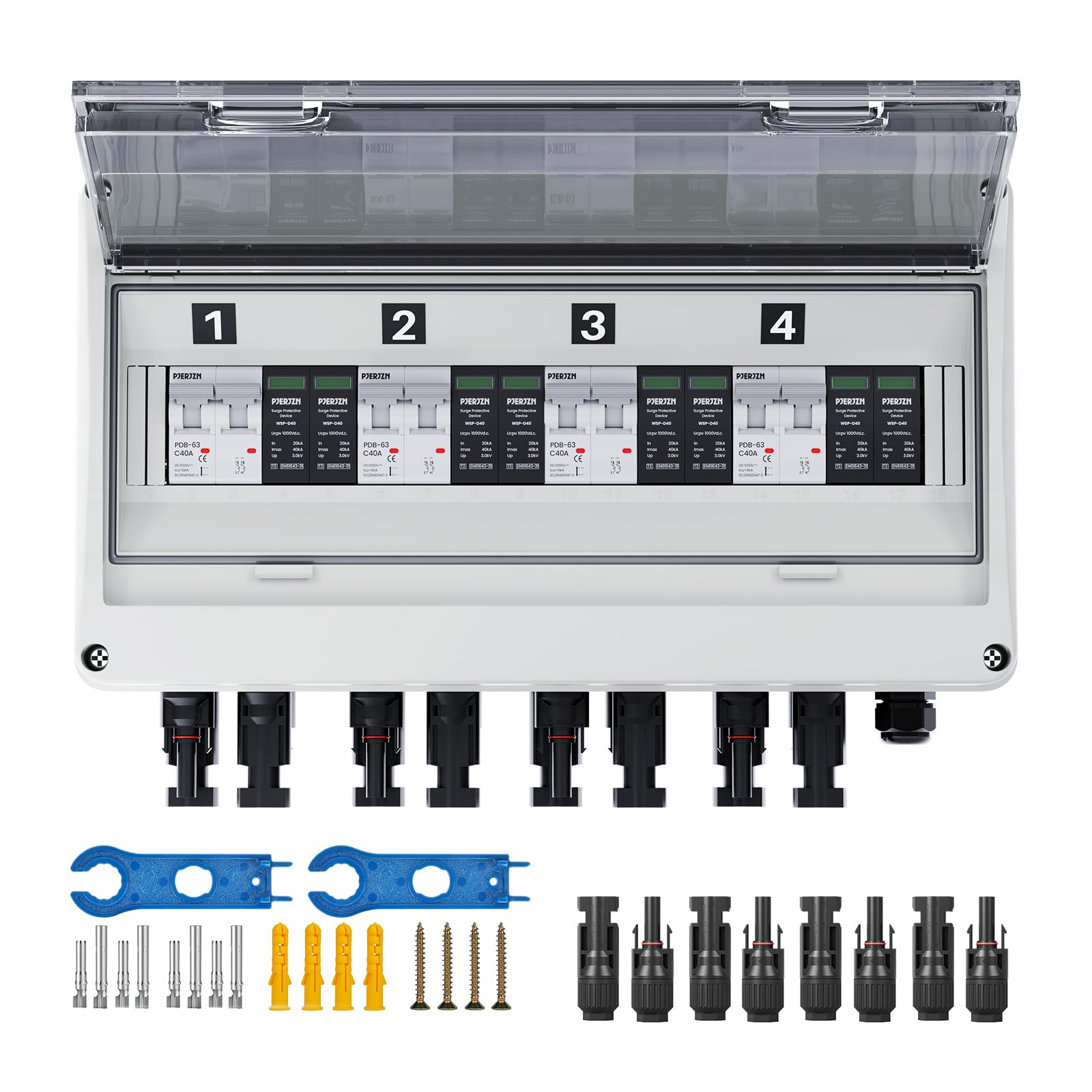 Überspannungsschutz PV DC1000V 4 String Solar Anschlusskasten, DC Trennschalter mit Blitzschutz & Leitungsschutzschalter 40A, IP65 Wasserdicht UV-Beständiger PV Combiner Box（4 in 4 out）