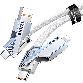 SHEZI [Upgraded 2.0] 4-in-1 USB C Cable 60W 5FT Fast Charging [480Mbps Data Sync] Flat Nylon Braided Charger Cord Combo, USB A/C to C/L Multi Charge Cable for iPhone/iPad & Most Devices, Silver