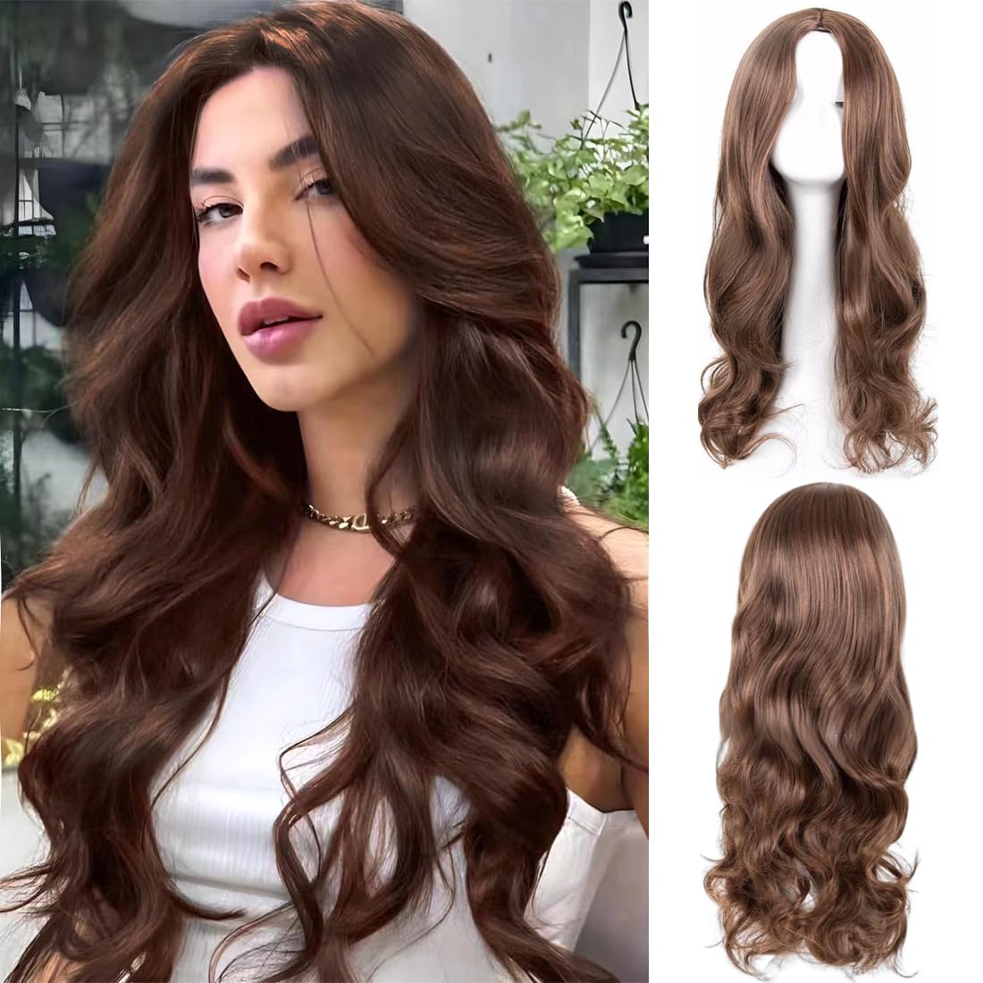 AOWVUTS Long Wave Wigs for Women Natuaral Synthetic Hair Heat Resistant Wig Ladies Fancy Dress Wig Charming Long Curly Hair Wigs Middle Part with No Bangs for Daily Party Cosplay Use