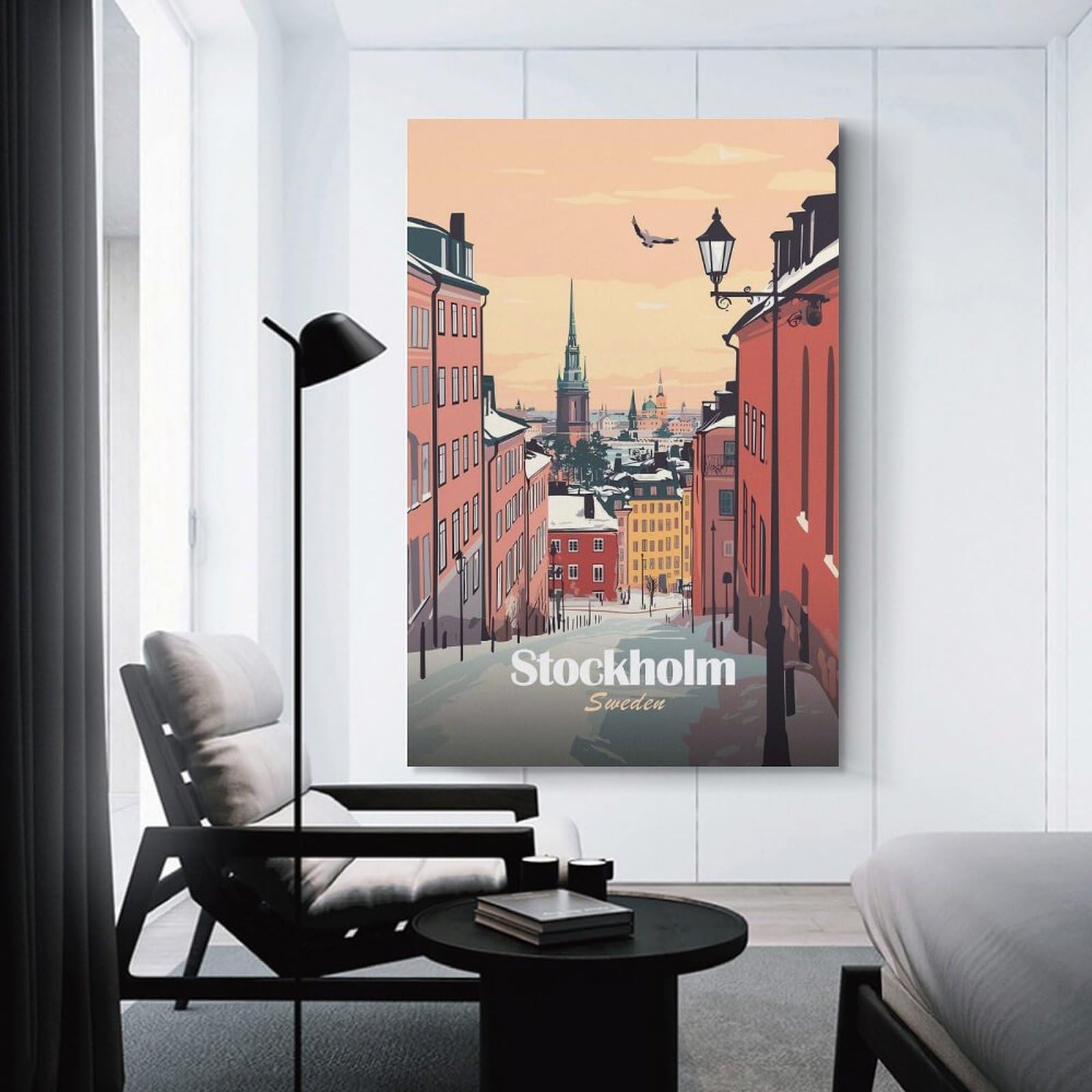 Junmoney Decorative Wall Artwork Stockholm, Sweden Cityscape Illustration, 24x36inch(60x90cm), for Lounge, Bedroom Or Personal Spaces, Gift Idea for Housewarming And Birthdays