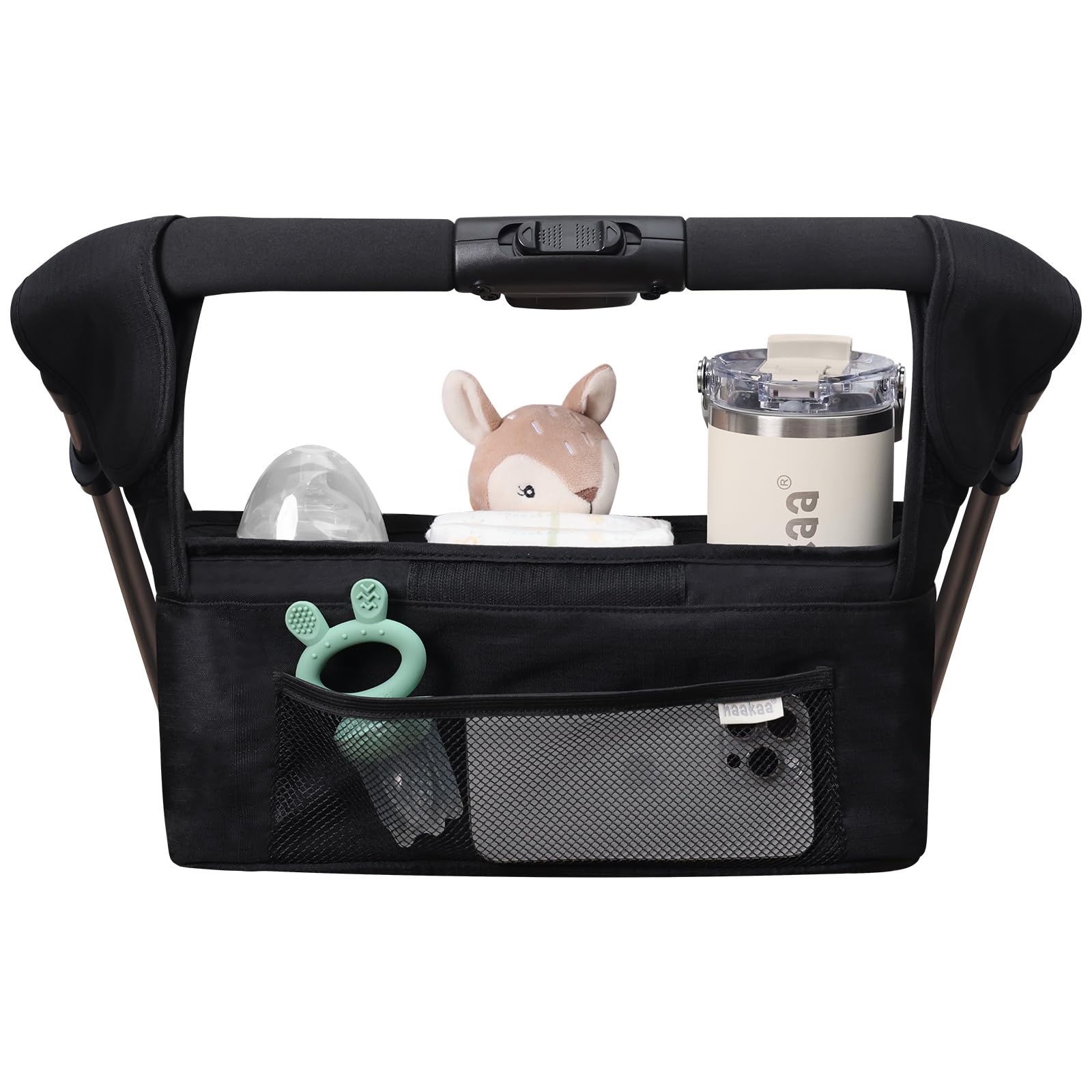 haakaa Universal Stroller Organizer with 2 Cup Holders - Black, Stroller Caddy Accessories with Shoulder Strap & Extra Non-Slip Stroller Hook, Fits Most Strollers