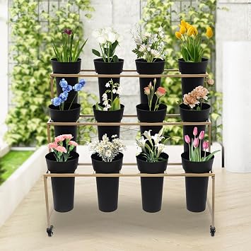Flower Display Stand with Buckets, 3 Layers Metal Plant Stand, Moving Florist Bouquet Shelf for Fresh Flower Shop, for Patio Garden, Outdoor Flower Pop-Up Events Golden Frame Black Bucket