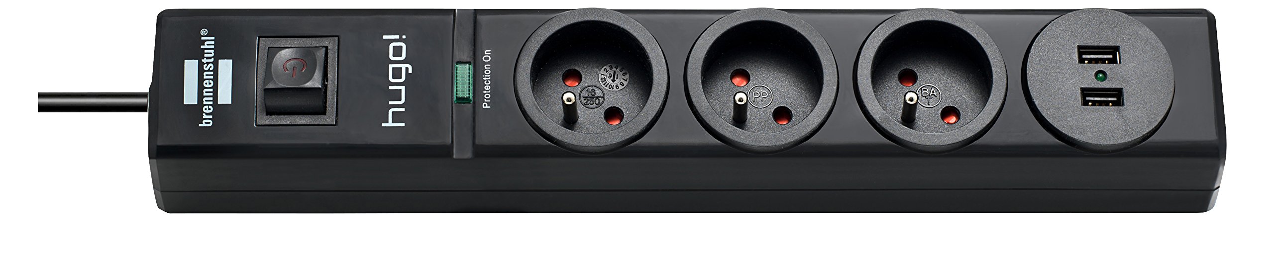 Brennenstuhl 1150611503 Hugo – Regleta 3 enchufes/2 enchufe USB con protección contra sobretensión, cable 2 m, 230 V, Negro