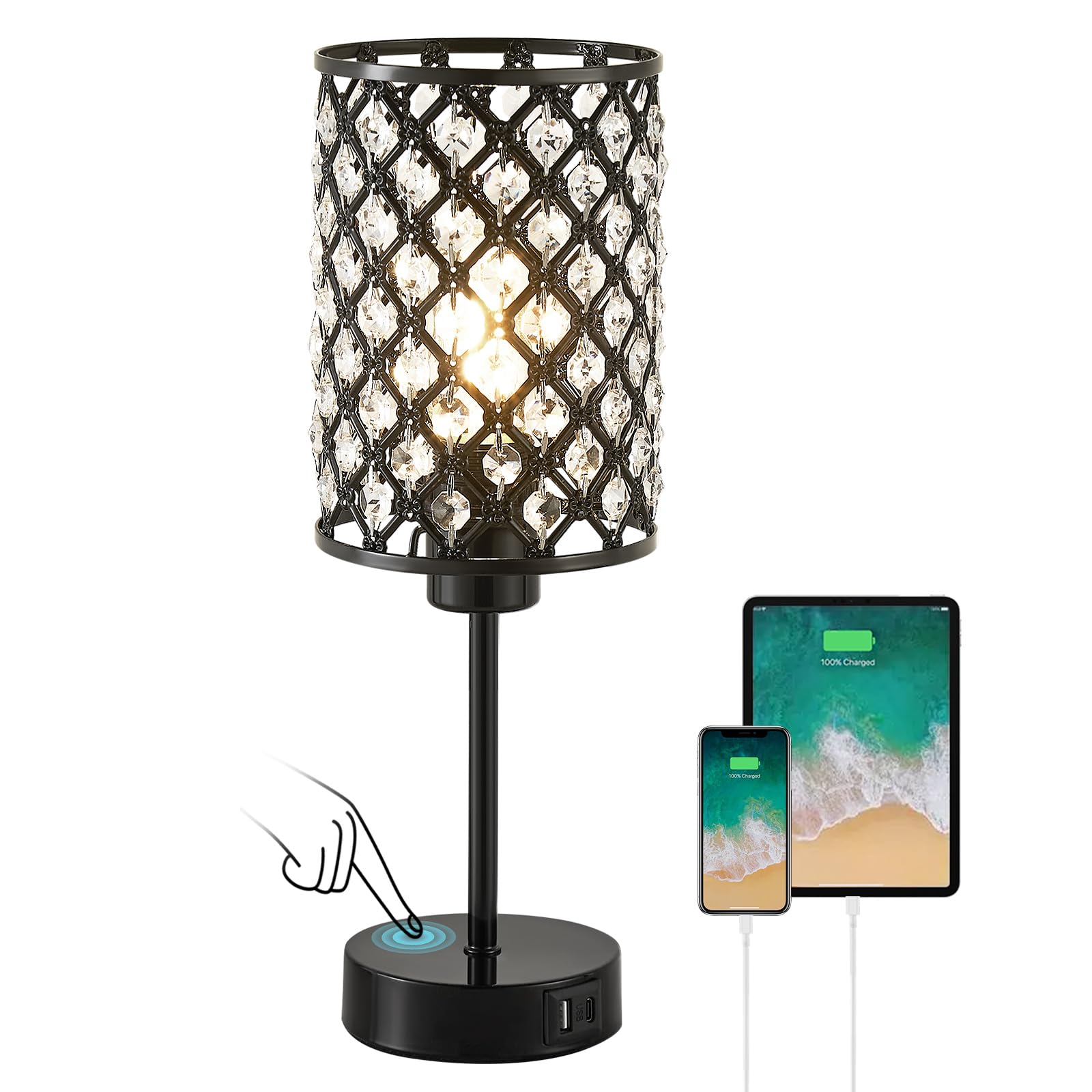 GyroVu Kryształowa lampa stołowa, czarna lampa dotykowa do szafki nocnej z portami USB C+A, 3-stopniowa regulacja jasności z kryształowym kloszem do sypialni, salonu, biura (żarówka w zestawie)