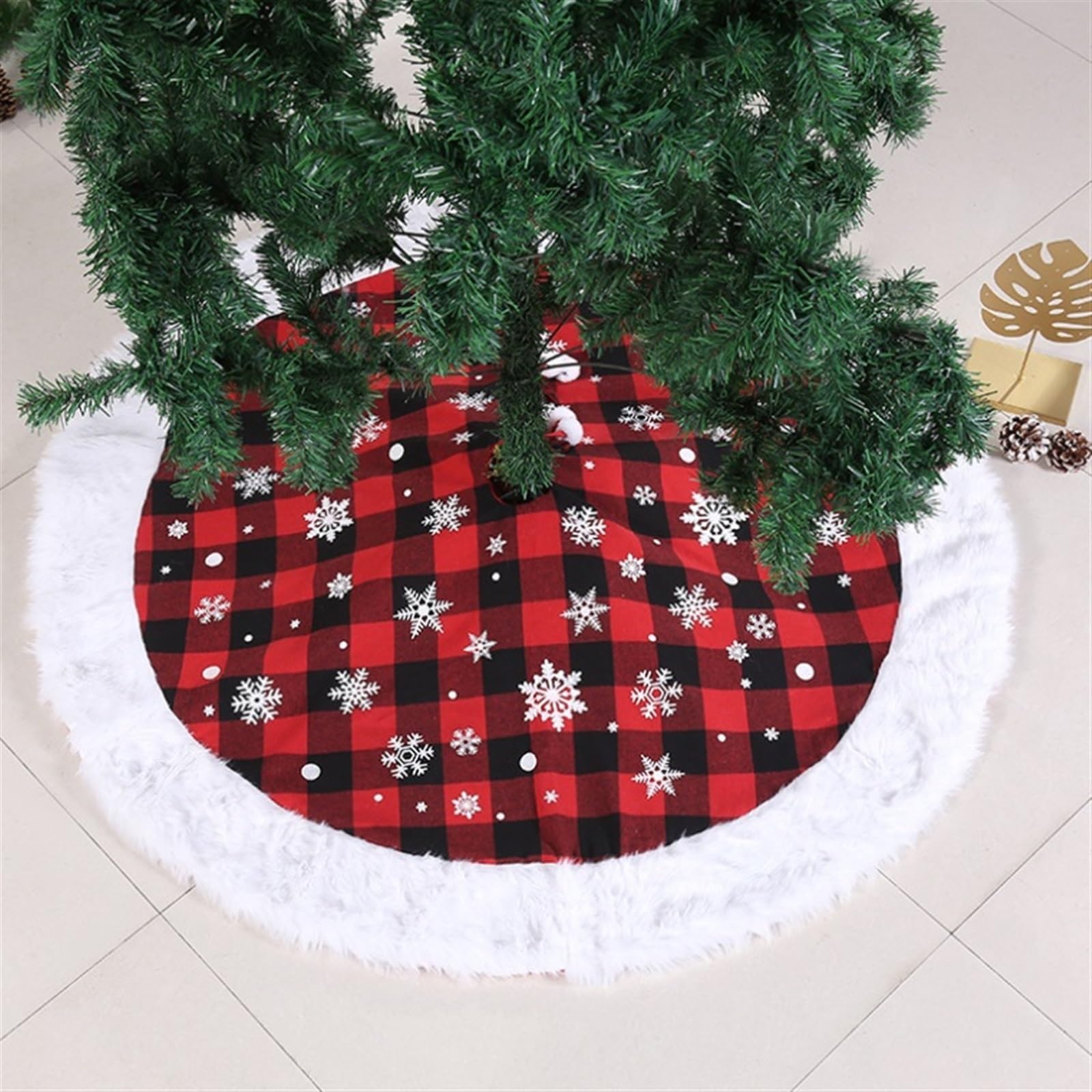 Tapis de Sapin de Noel Jupe d'arbre De Noël 48 Pouces avec Motif Flocon Neige, Côtés en Fourrure, Jupes Ferme pour La Décoration Couvre-Pied d'arbre