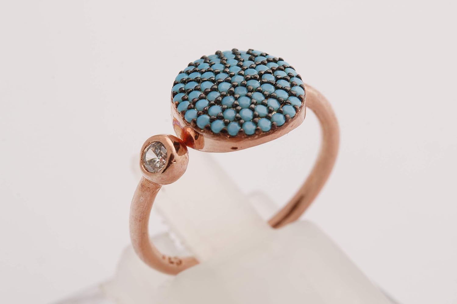 Special Design! Turkish Handmade Jewelry Round Shape Turquoise and Round Cut White Topaz Rose Gold 925 Sterling Silver Ring Adjustable Size