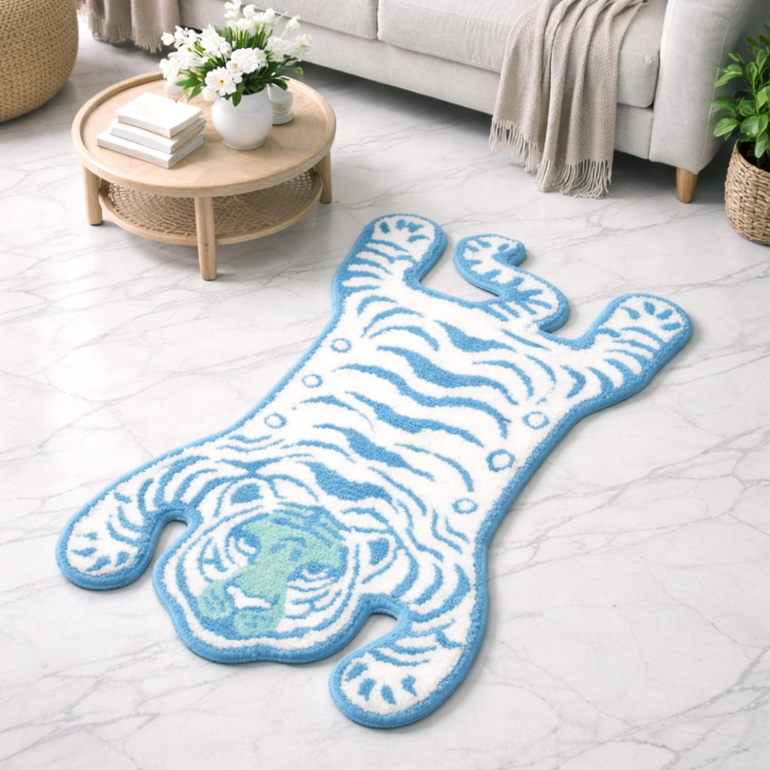 Cute Tiger Bath Mat for Kids Bathroom, Non-Slip Absorbent Soft Microfiber Rug, Blue Animal Bath Mat