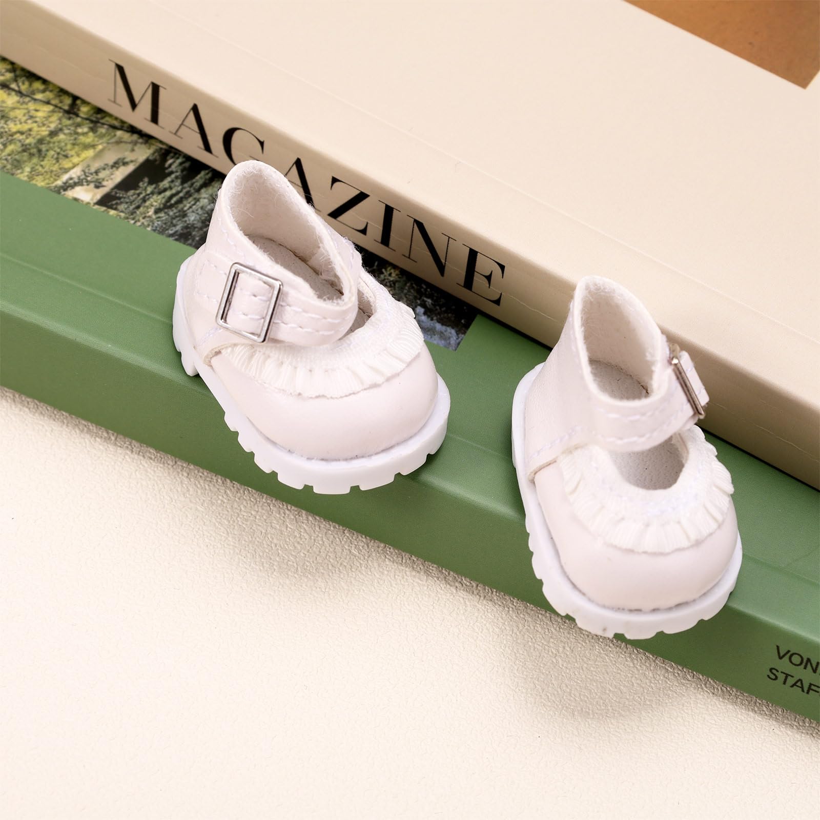 Mini Shoes for Dolls White PU Leather Tiny Miniature Shoes Cute Fashion Toy Costume Accessories for 5.9in & 6.7in Plush Doll Decoration and Display - Image 3