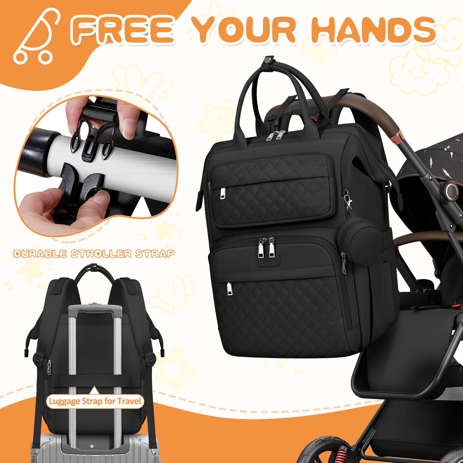 RAINSMORE Zaino Mamma Fasciatoio Multifunzione Borsa Neonato Portatile Cinturini Passeggino Nero