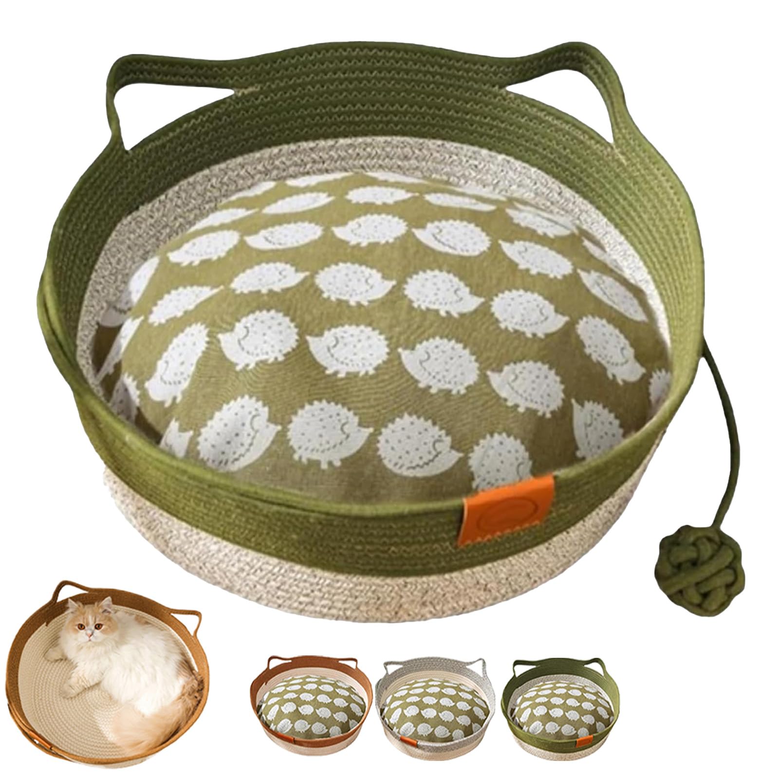 Stimulicat Cat Bed, Stimulicat Handwoven Cat Basket, Foldable Round Cotton Rope, Scratch Resistance Easy to Clean, for Small & Large Cats & Dog (Green With Cushion,Small)