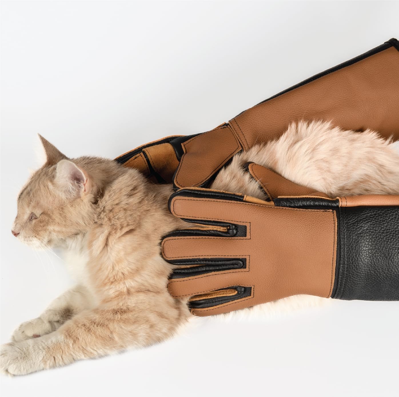 Animal Handling Gloves,%100 Real Leather, Bite Proof, 3 Solid Layers, Handmade, Dog Bite and Cat Scratch, Bird Handling, Wiped Clean, Vet Approved, 18" Black and Tan