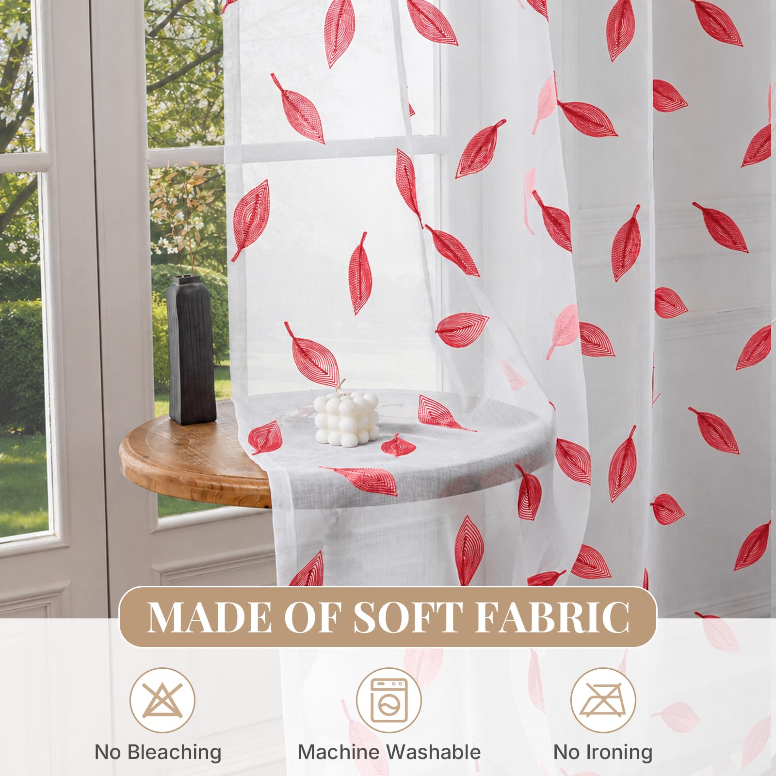 Nowoczesne Firany Woalowe 2 Szt 140x225cm, Półprzezroczyste Firany z Haftem, Firany z Przelotkami, Do Salonu Sypialni Balkonu Okna, Czerwony