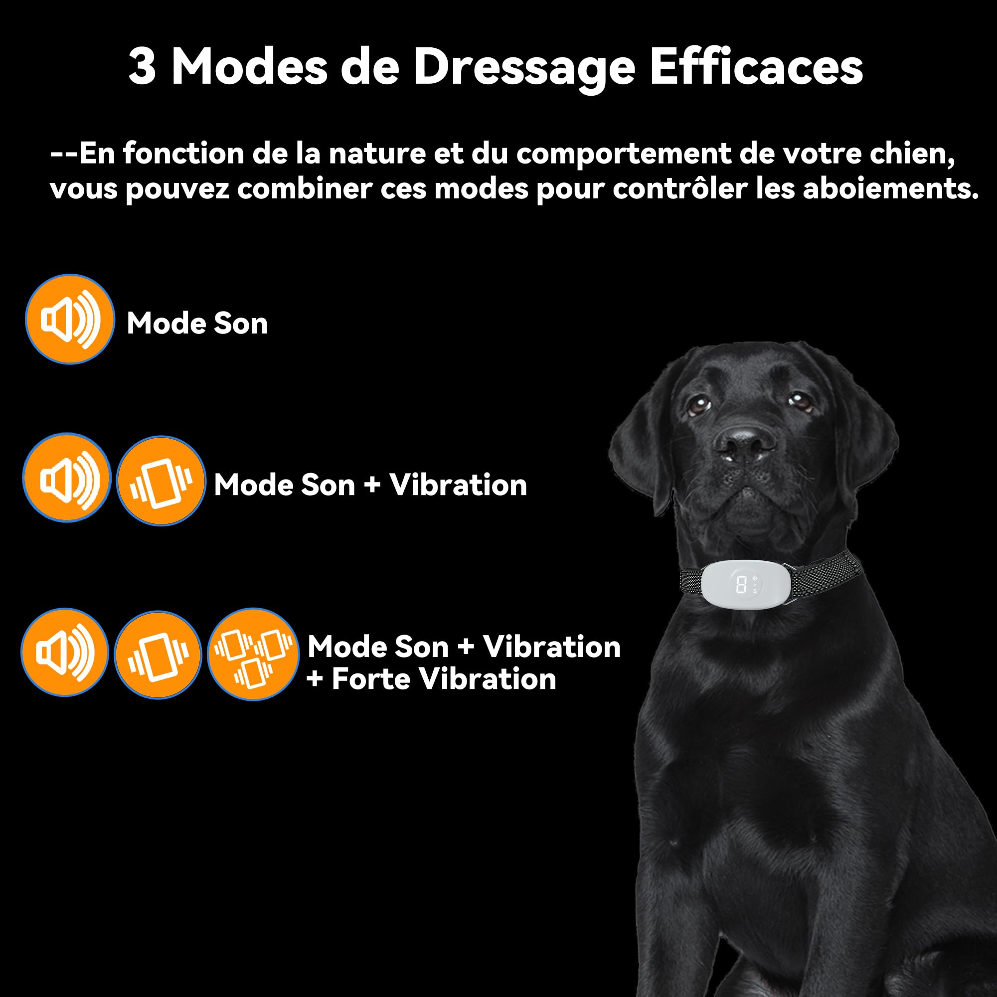 Collier Anti Aboiement - Conformes à La Nouvelle Loi 2024 - Collier Vibrant,sans Choc Statique avec 8 Sensibilité Réglables, 3 Modes Sonore/Vibration/Forte Vibration, Adapté à Tous Les Chiens, Blanc