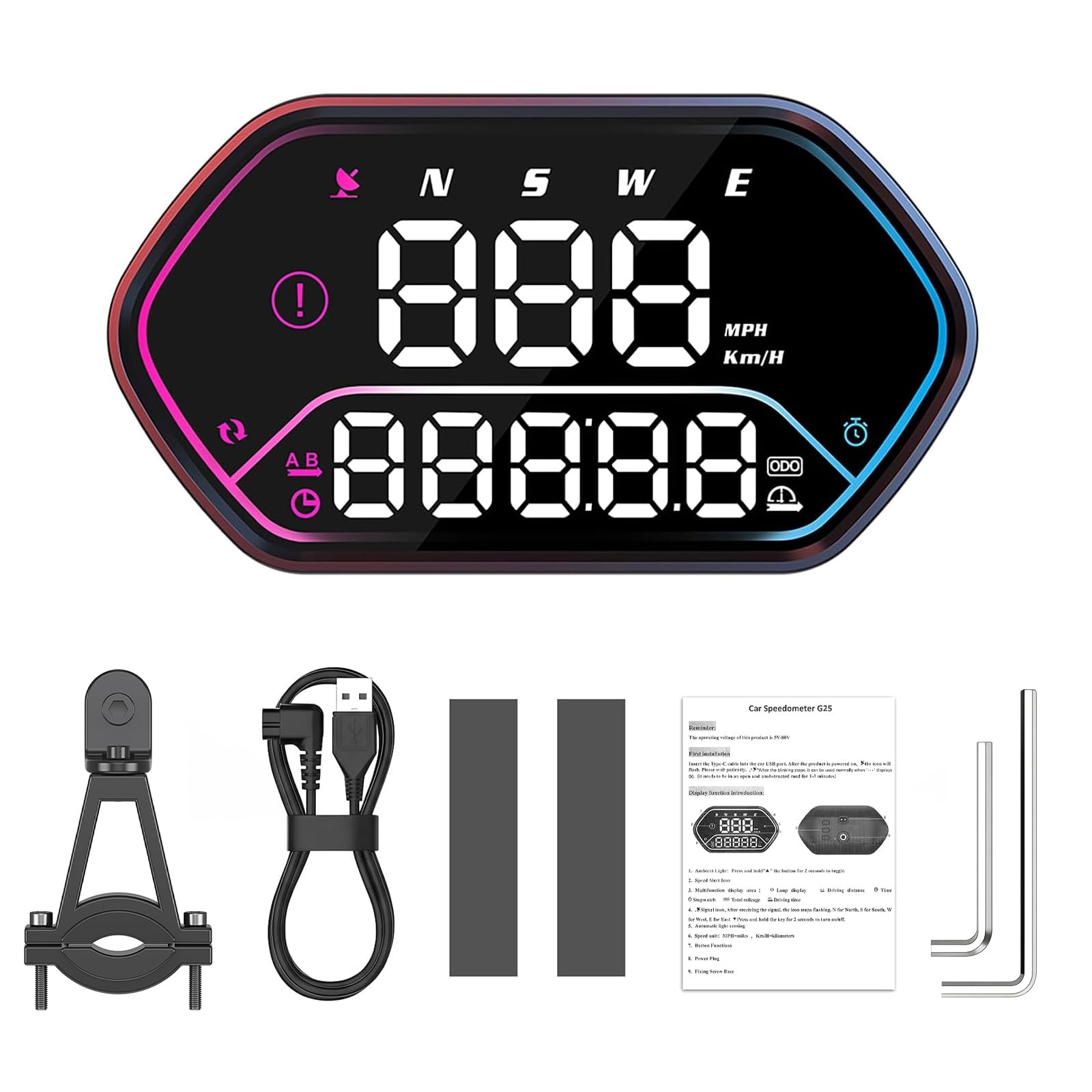 Head Up Display, Anzeige in KMH und MPH, GPS Digitaler Tacho mit mehrstufigem Geschwindigkeitsalarm, Geeignet für PKWs, Motorräder, 5V Strom, IP68