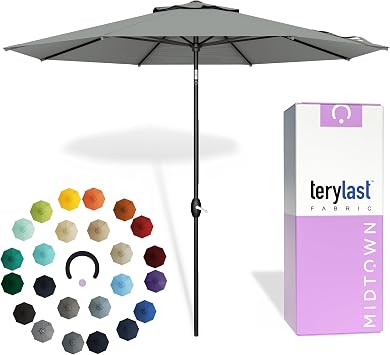 Midtown Umbrellas 10-Year-No-Fade - 9 Ft - UV Proof Matter Grey Polyester Fabric - Umbrella Outdoor Patio, Auto-Tilt Aluminum Frame Patio Umbrella for Garden, Pool & Deck - Black Pole