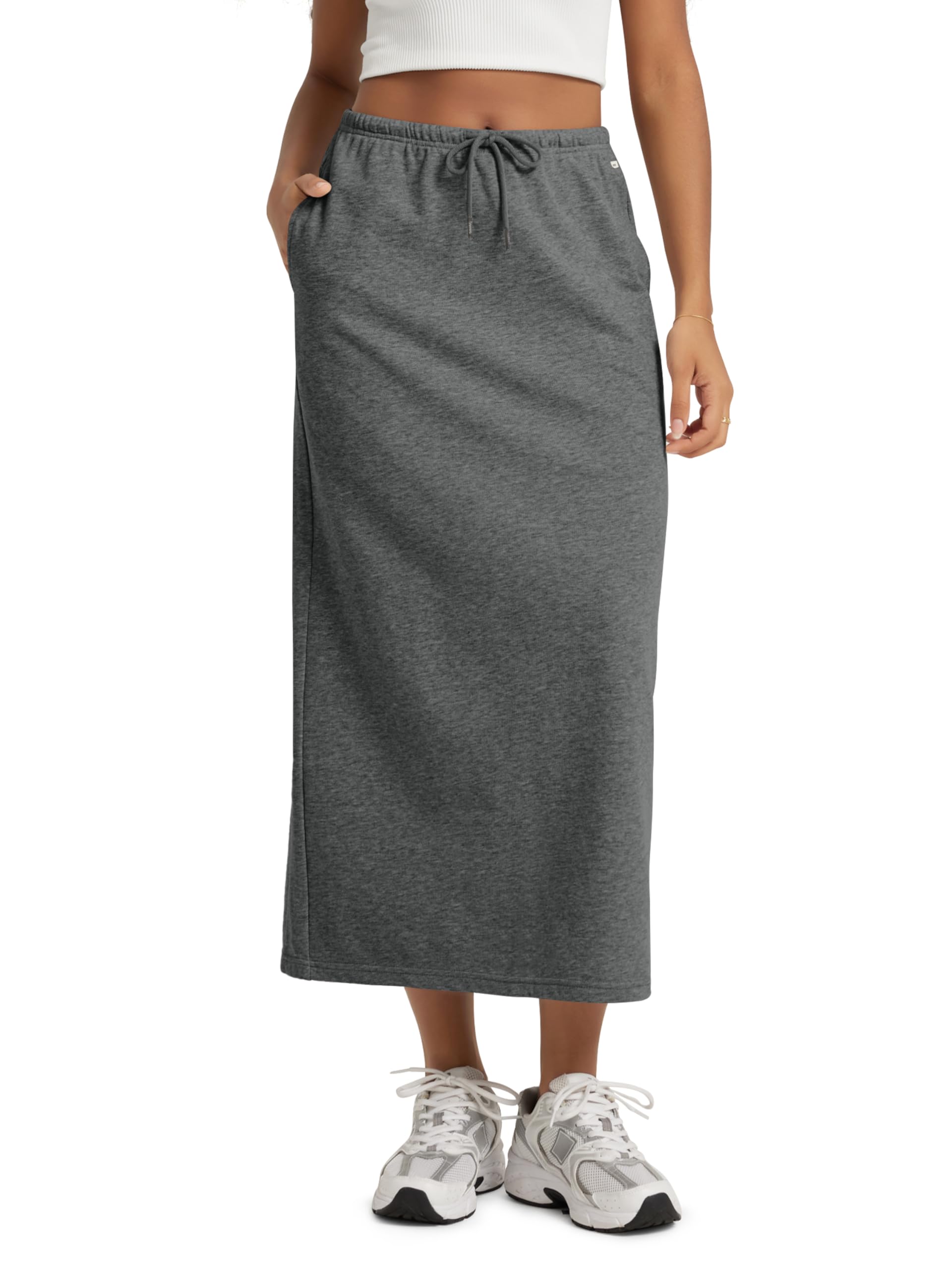 ODODOS Womens Back Split Midi Skirt - Cotton French Terry Drawstring Tie High Waist Casual Long Pencil Skirts