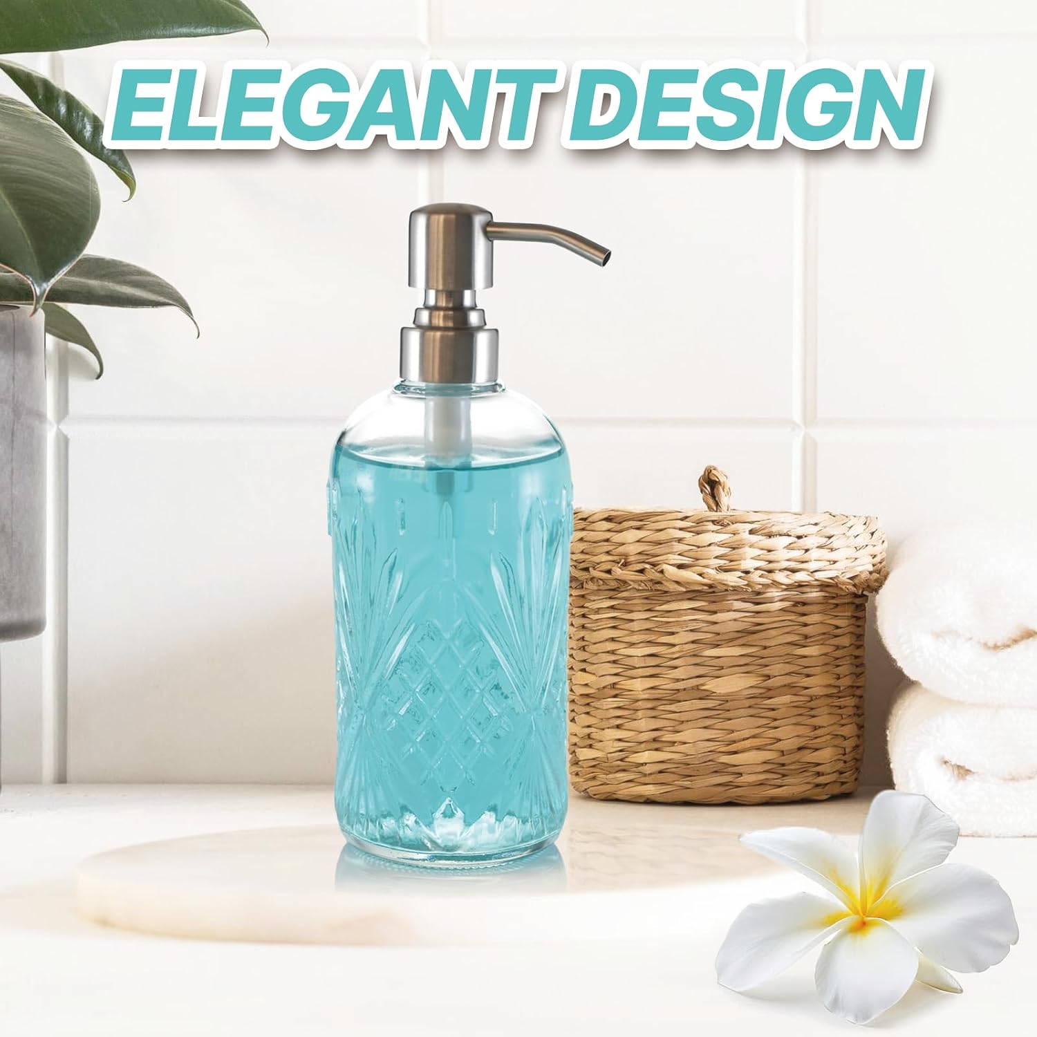 Glass Soap Dispenser 17oz with 304 Stainless Steel Pump, Elegant Design for Kitchen and Bathroom, Refillable Liquid Hand Soap Dispenser Bottle for Dish Soap, Lotion, Shampoo (Old Fashioned)