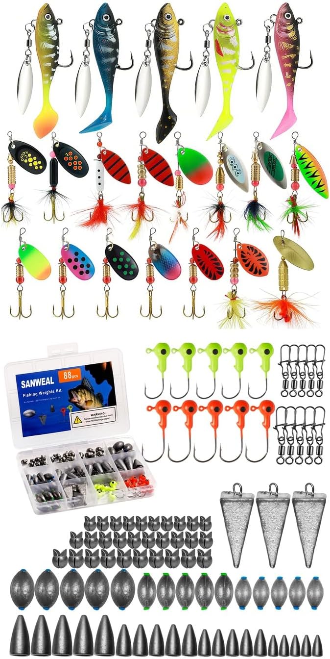 20PCS Rooster Tail Lures + 88PCS Fishing Sinkers & Hooks Kit | Trout, Bass & Shallow Saltwater Angling Powerhouse