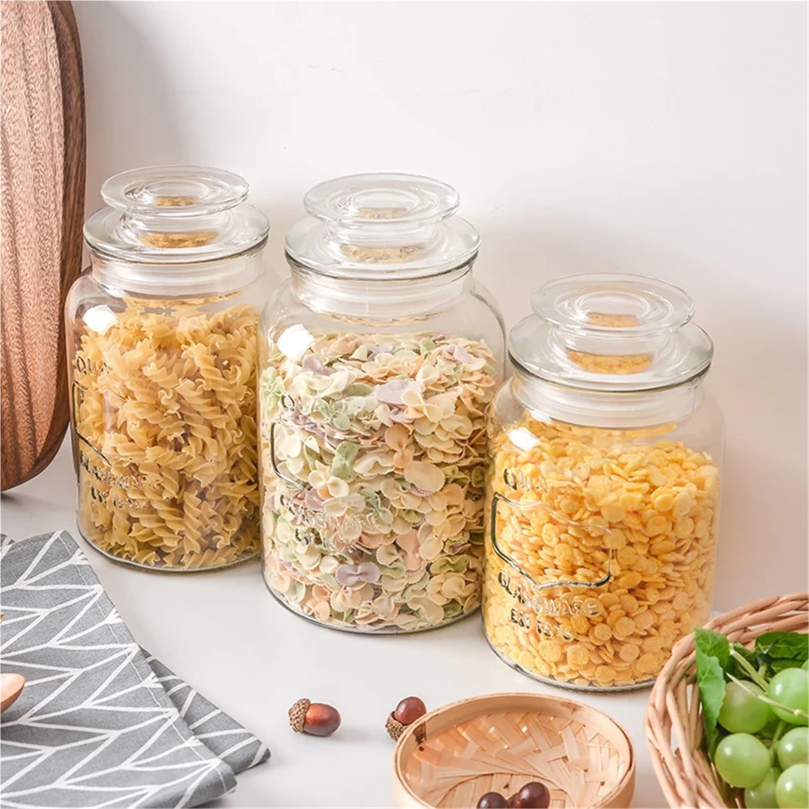 Tarrinas de cristal con tapa, Frasco sellado de vidrio transparente, botella almacenamiento alimentos multigrano, frutos secos, nueces, varios tamaños, 2 uds(L)