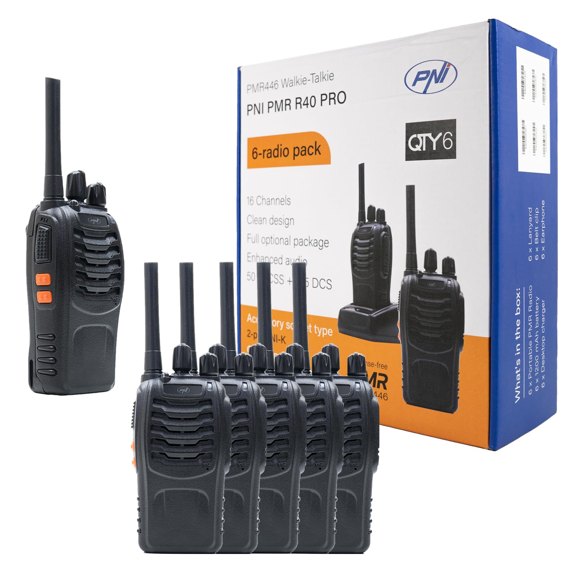 PNI PMR R40 Pro Paquet 6 Radios Portables Piles Chargeurs Écouteurs