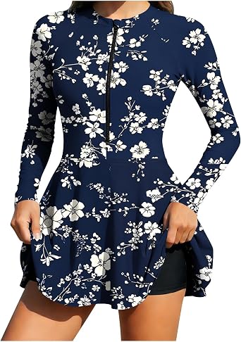 Womens Long Sleeve Two Piece Rash Guard Modest Swimsuits Dress Zipper Surfing Bathing Swimkirt with Shorts UPF 50+