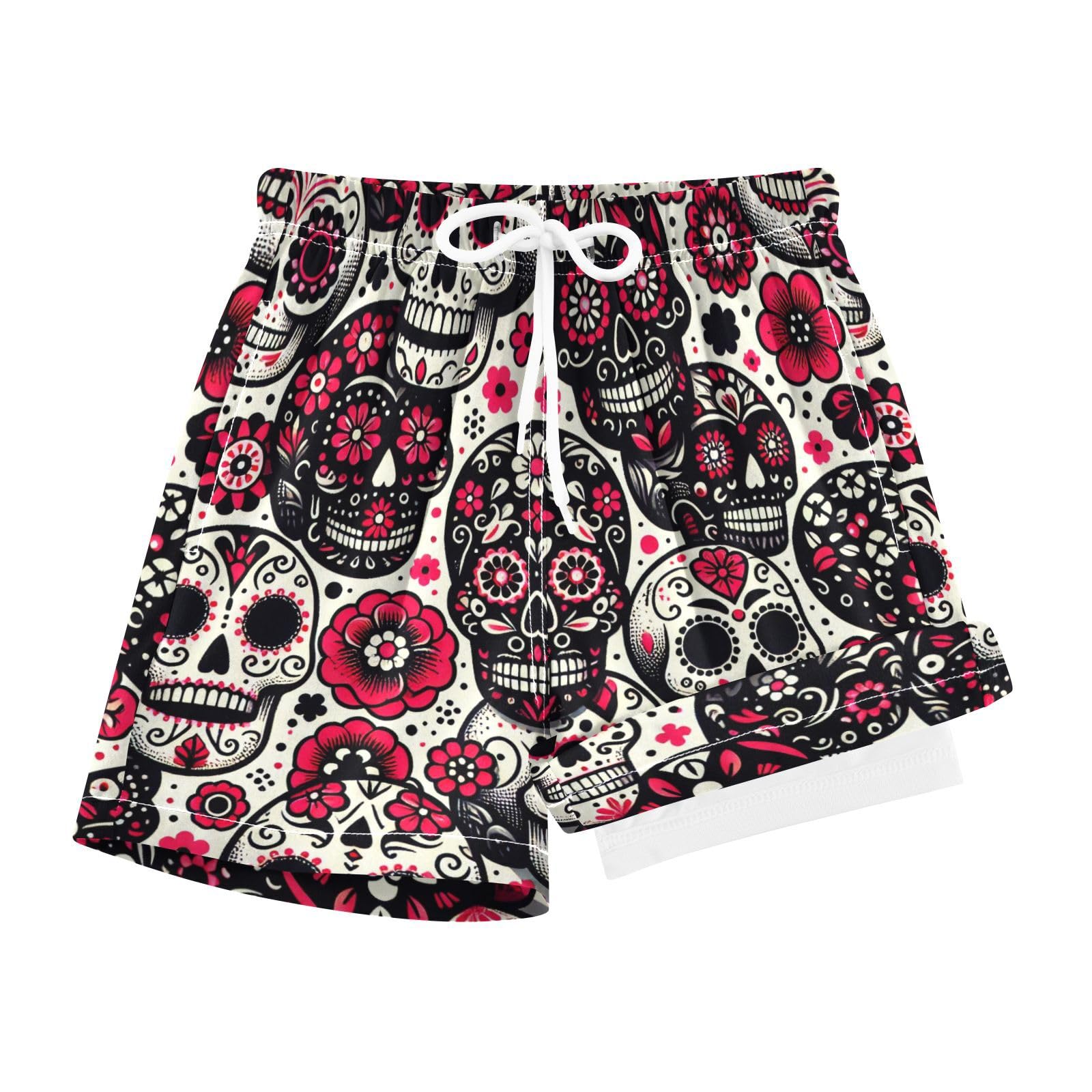 YANENDIE Boy Swim Trunks with Compression Liner Dia De Muertos Skulls Boys Swim Shorts Quick Dry Beach Shorts