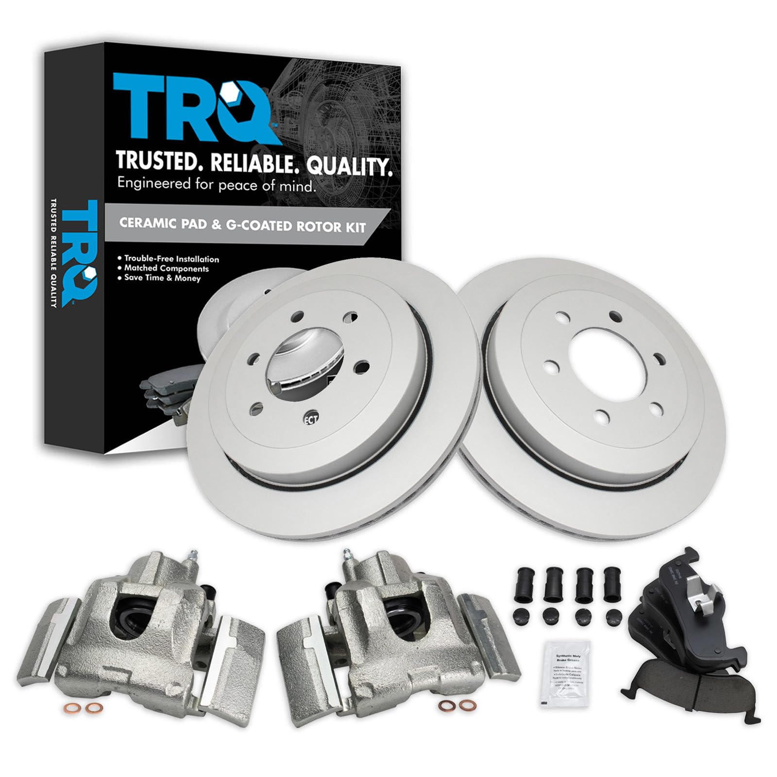 TRQ Rear Brake Pad, Caliper, &amp; Rotor Kit Ceramic Vented Premium G-Coated Compatible with 2007-2017 Ford Expedition Lincoln Navigator
