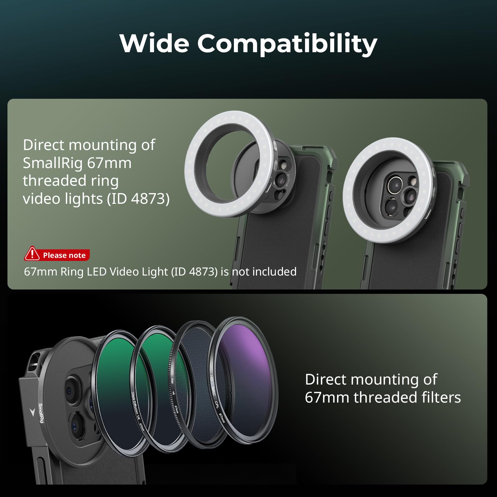 SMALLRIG Adattatore per filtro filettato da 67 mm a T, compatibile con filtri da 67 mm e luci video a LED 4873, per gabbie per telefono con attacco a T e piastre posteriori per obiettivo -5172