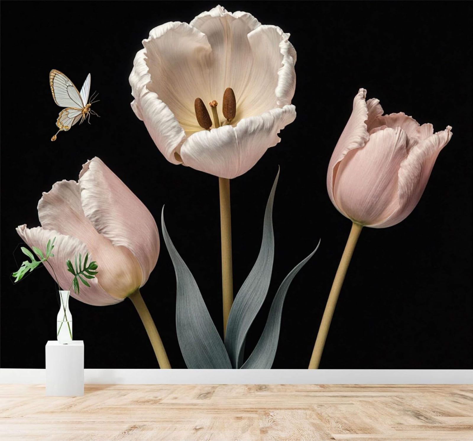 XLMING Elegant Beautiful Pink Tulips Butterflies Black 3D Wallpaper Premium Textured Silk Study Dining Living Room Bedroom Sofa TV Wall Easy Install-350cm×256cm