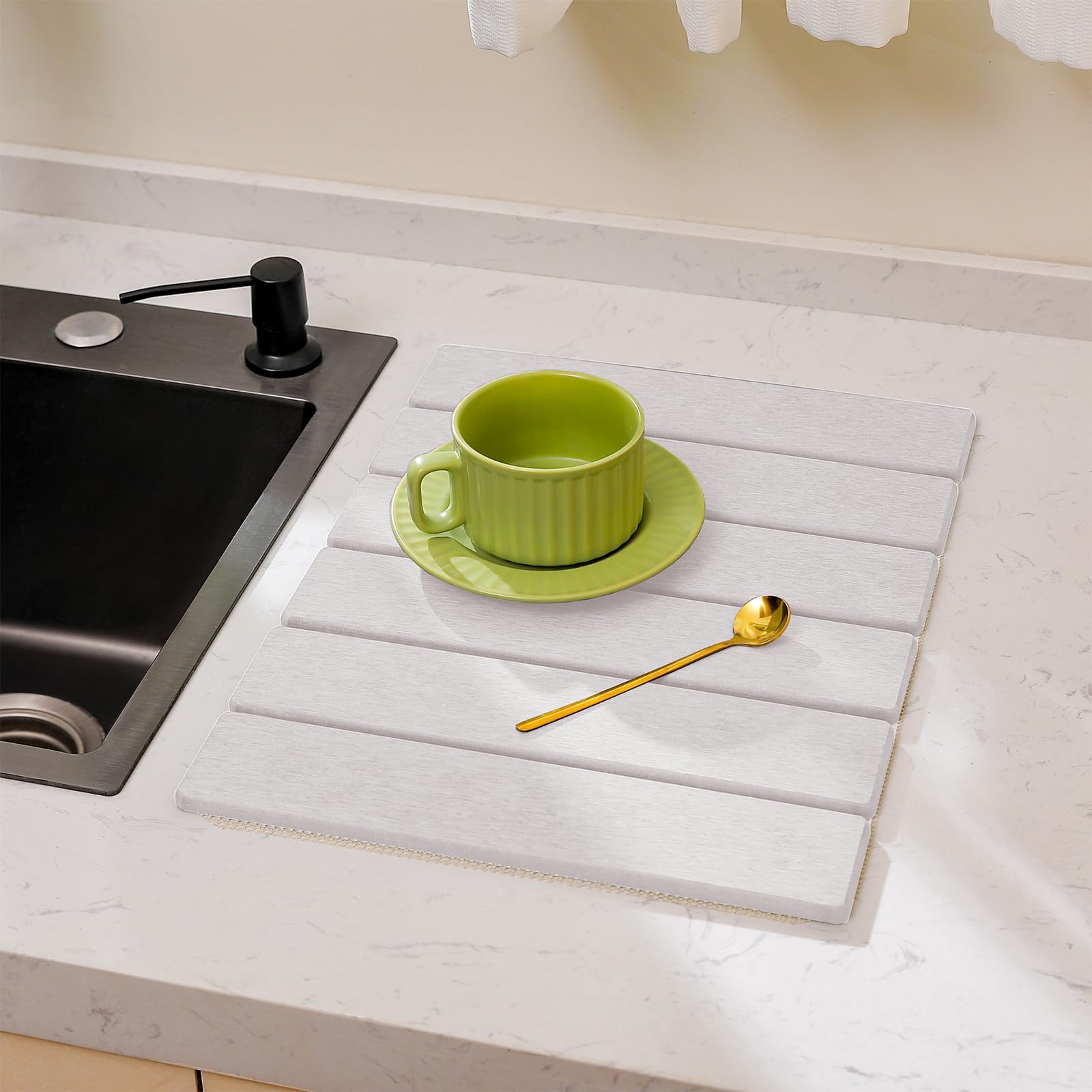 Stone Drying Mat for Kitchen Counter, 16'' Diatomite Dish Drying Stone Sink Tray, Diatomite Absorbent Mat, Non-slip Mat for Bathroom Kitchen, White (15.7 x 12 in)