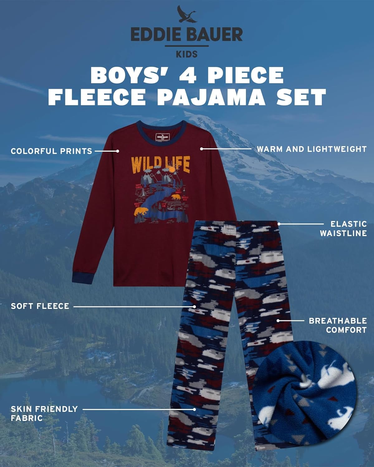 Eddie Bauer Boys' Pajama Set - 4 Piece Matching Fleece Graphic Pajama Tops and Pajama Pants for Boys (Sizes: XS-L)