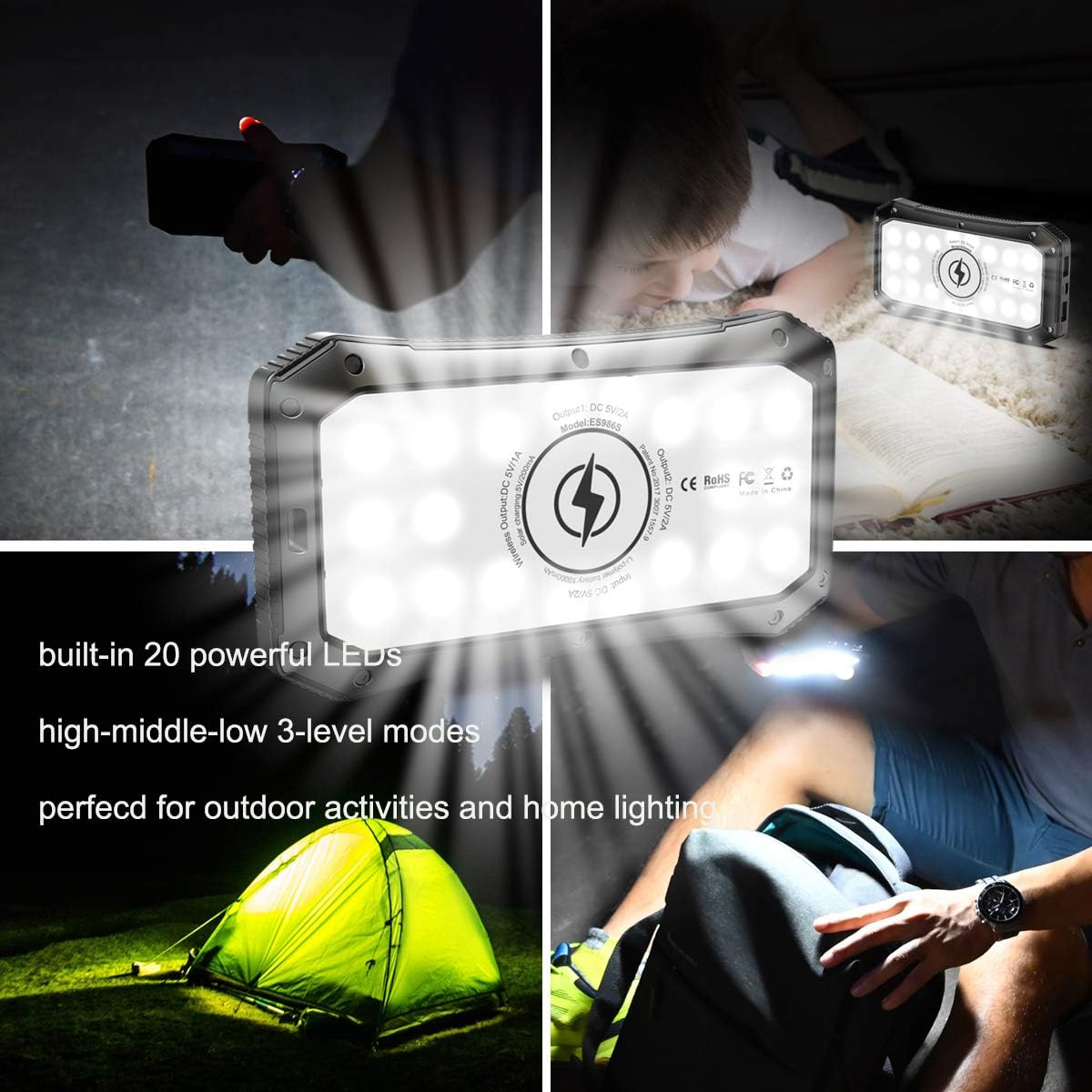 Solar Charger, ABFOCE Solar Power Bank 10000mAh with 20 LED Lights and Qi Solar Wireless Charger for Camping Outdoor for iOS Android-Black : Cell Phones & Accessories